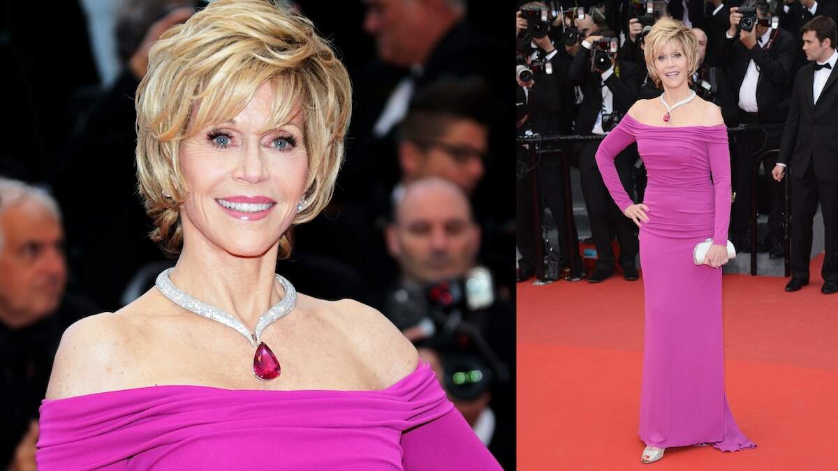 Actor Jane Fonda wears a hot pink dress and necklace to the 2023 Cannes Festival