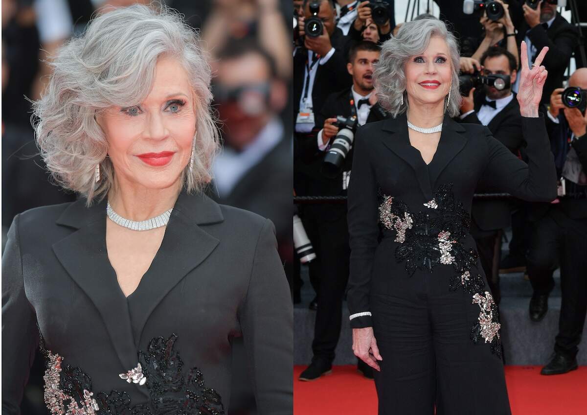 Actor Jane Fonda wears a black jumpsuit and diamonds as she walks the red carpet at Cannes Film Festival 2024