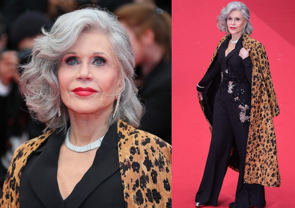 Actor Jane Fonda wears a leopard print jacket, black suit, and diamonds as she walks the red carpet at Cannes Film Festival 2024