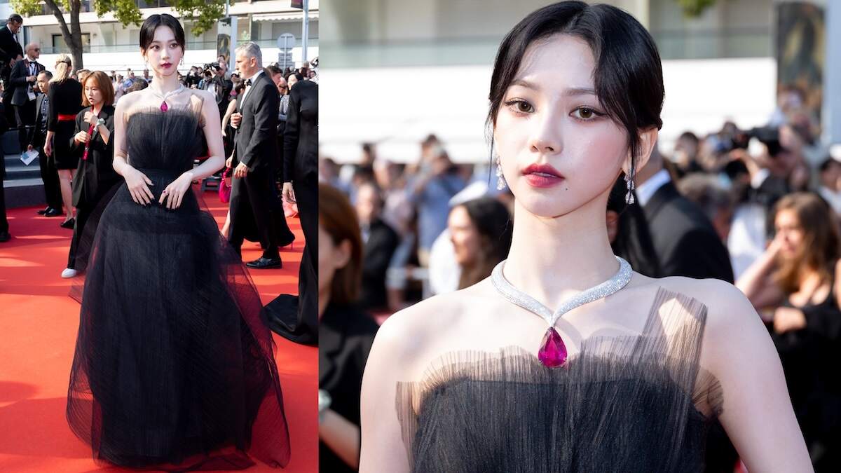 K-pop singer Karina wears a black tulle dress and pink necklace to Cannes 2023