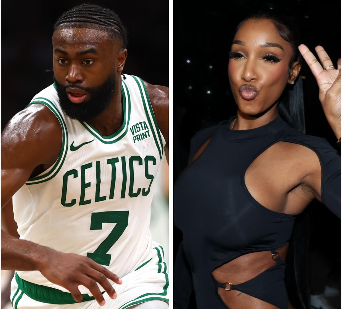 (L) Jaylen Brown playing in game against the Indiana Pacers, (R) Bernice Burgos posing for photo at an event in New Jersey