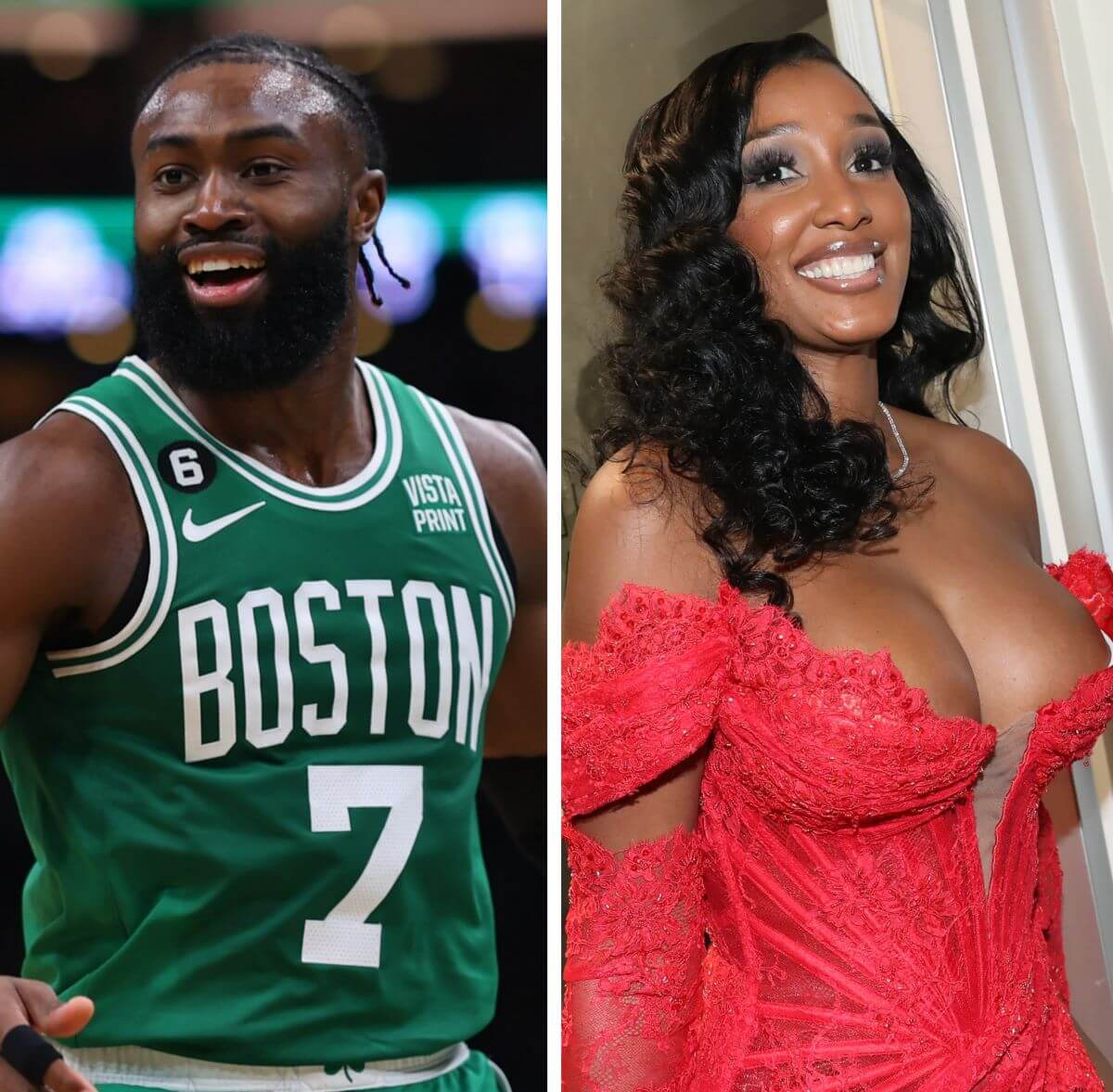 (L) Jaylen Brown reacts during game against the Miami Heat, (R) Bernice Burgos smiles during her birthday party in Fort Lee, New Jersey 