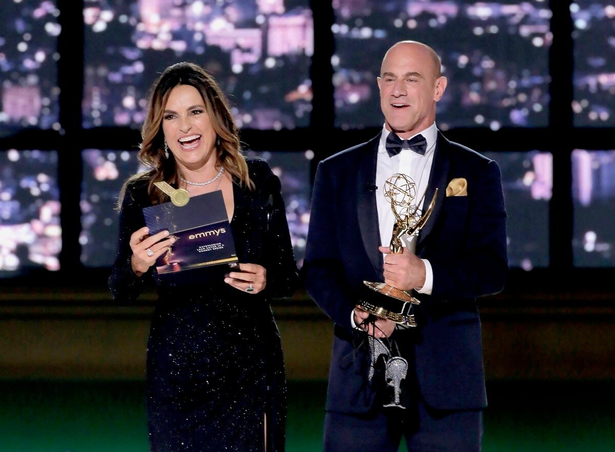 Mariska Hargitay and Chris Meloni presenting at the Emmys.