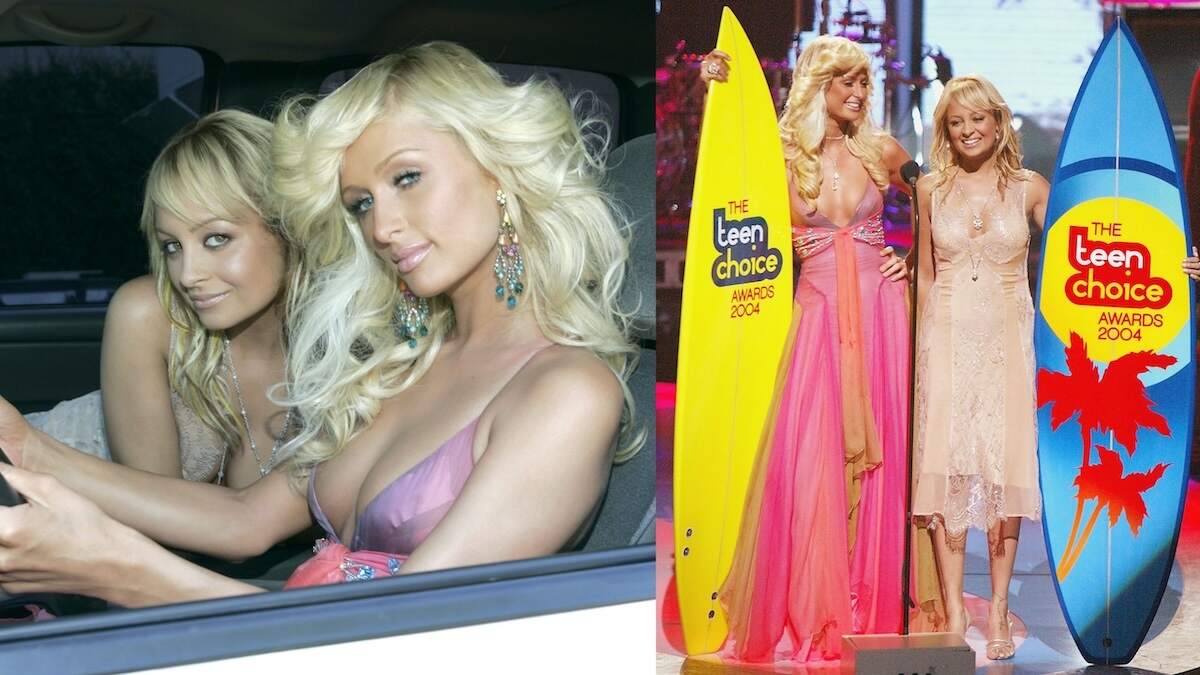Nicole Richie and Paris Hilton hold surfboards while hosting the 2004 Teen Choice Awards
