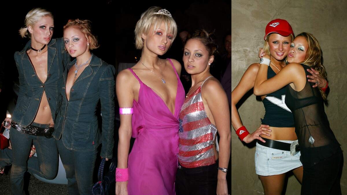 Paris Hilton and Nicole Richie pose for photos in jean outfits and black tops in 2001