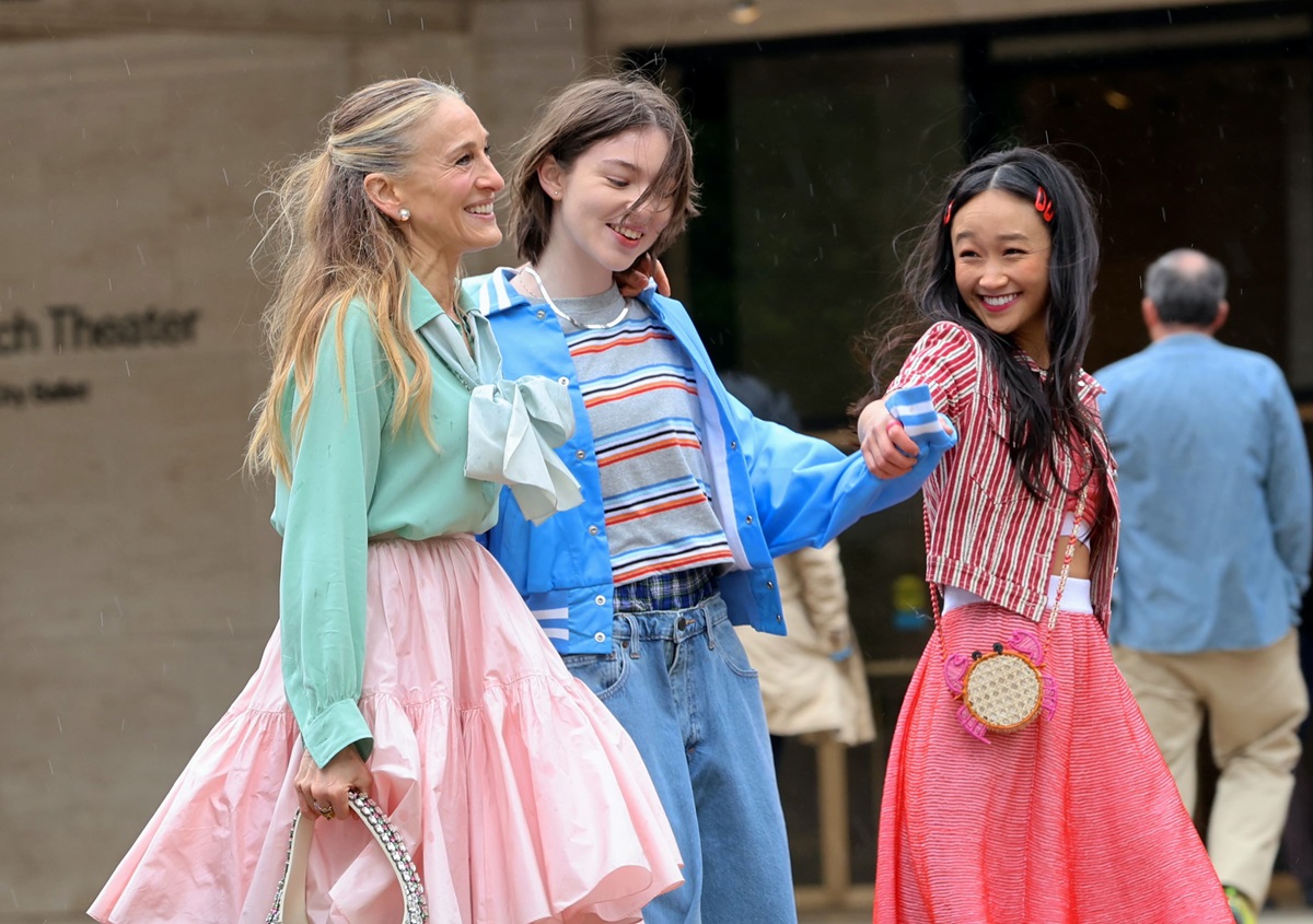 Sarah Jessica Parker, Alexa Swinton and Cathy Ang are seen on the set of "And Just Like That" at Lincoln Center Plaza on May 10, 2024 in New York City