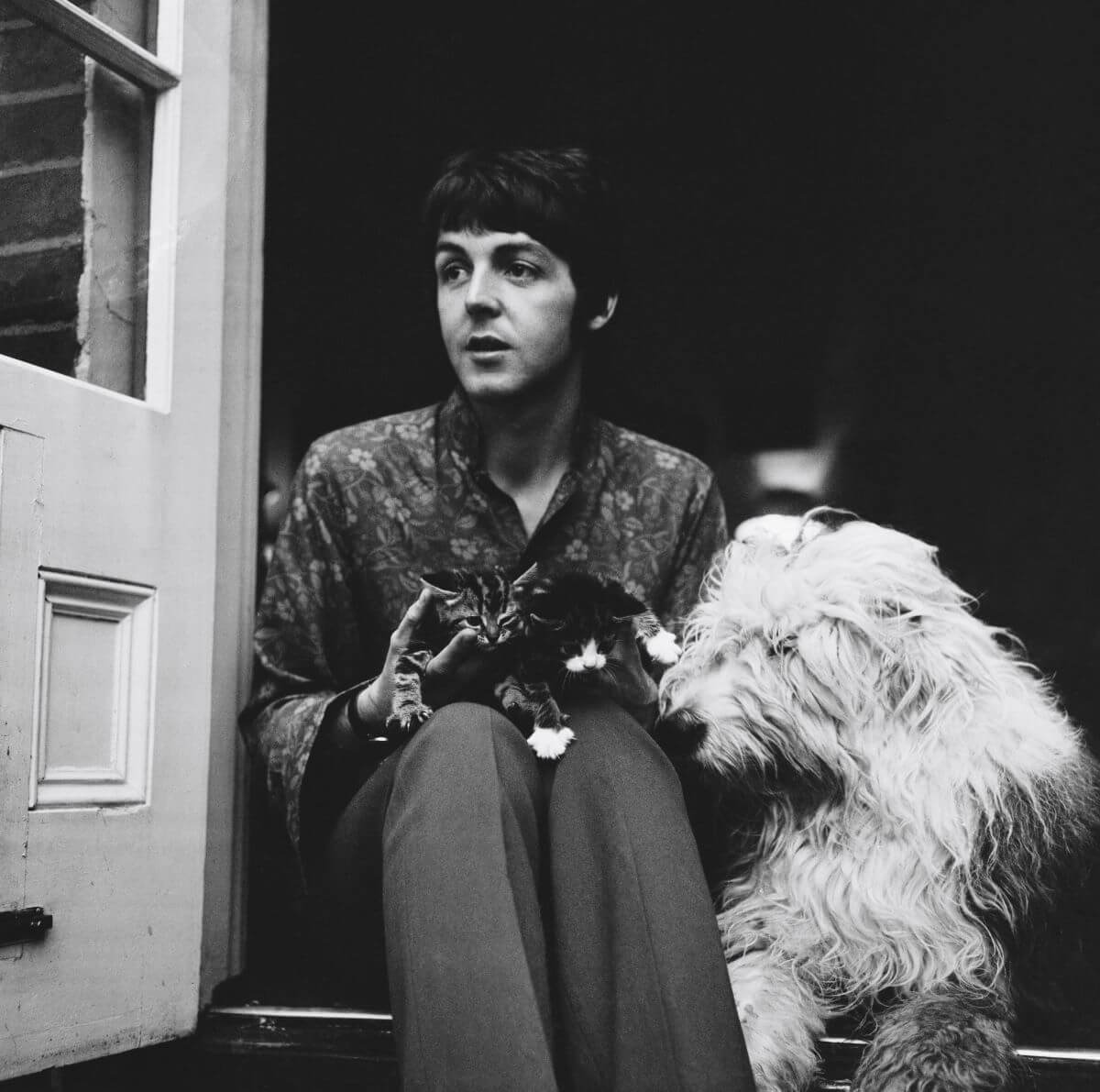 A black and white picture of Paul McCartney sitting in a doorway with two kittens in his lap and a dog next to him.