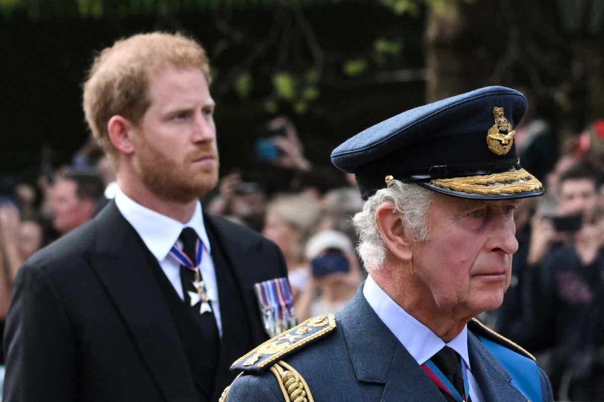 Prince Harry and King Charles walk behind the coffin of Queen Elizabeth II