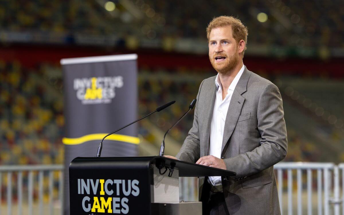 Prince Harry speaks on stage during the press conference at the Invictus Games Dusseldorf 2023 - One Year To Go events