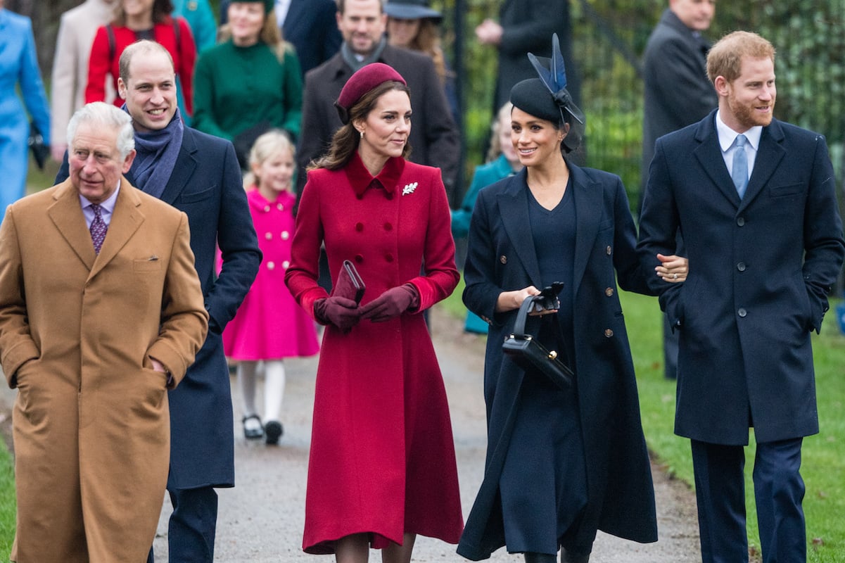Prince William, who is reportedly preventing a King Charles, Prince Harry reunion, walks with King Charles, Meghan Markle, Kate Middleton, and Prince Harry 