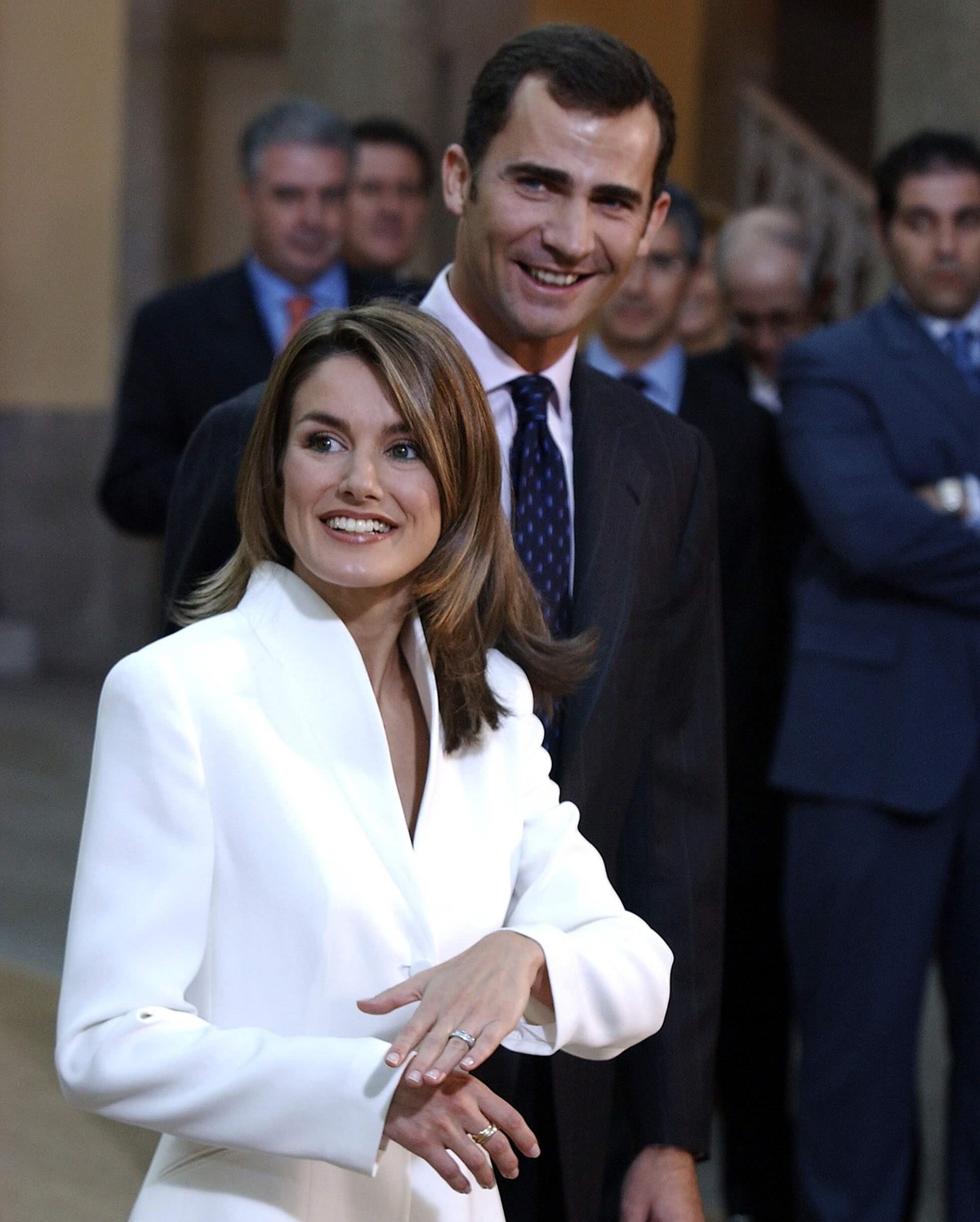 Then-Prince Felipe of Spain and Letizia Ortiz Rocasolano pose during an official engagement ceremony at the garden of El Pardo Palace 