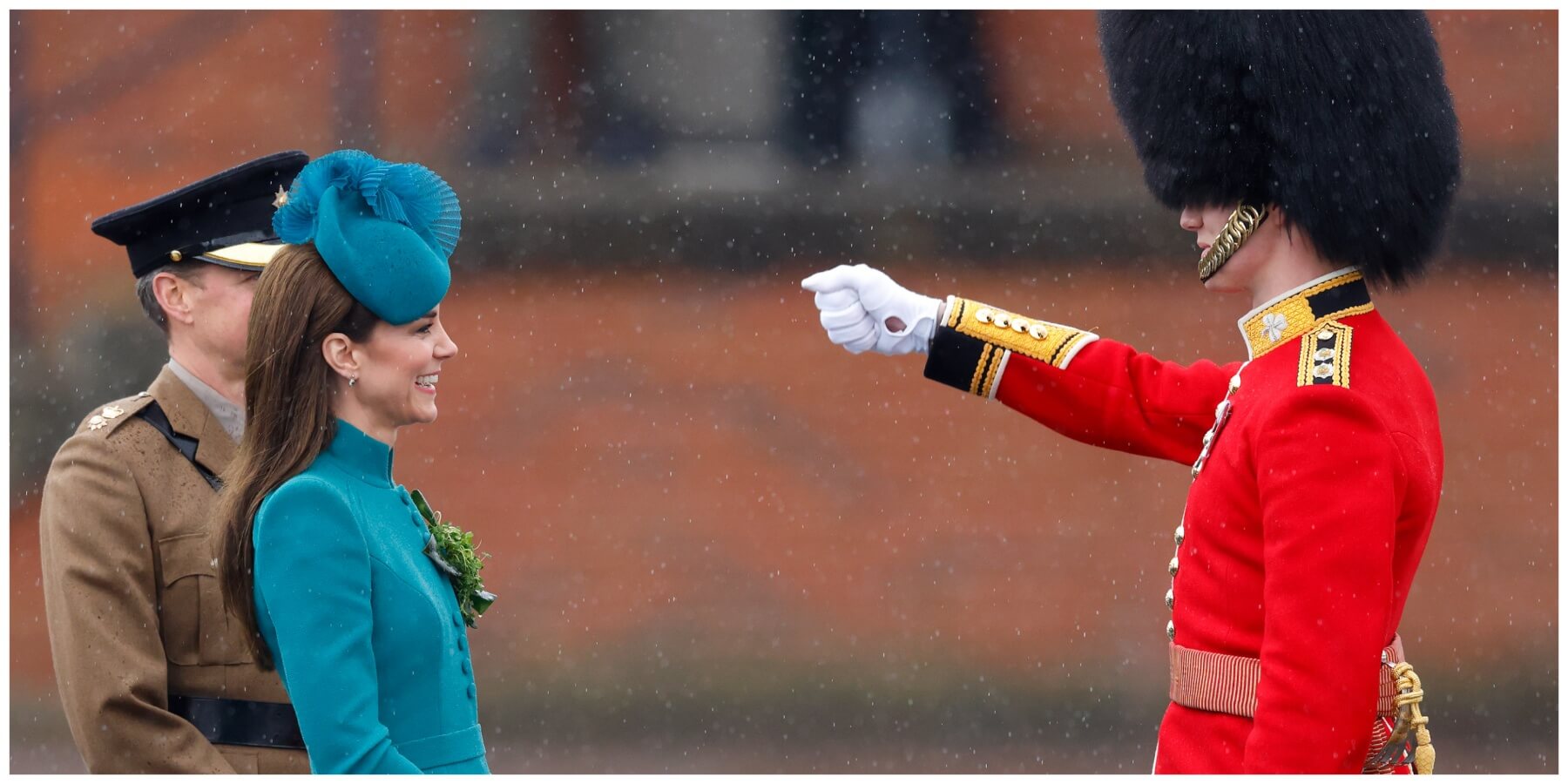 Catherine, Princess of Wales in her role as Colonel of the Irish Guards presents traditional sprigs of shamrock to Officers.