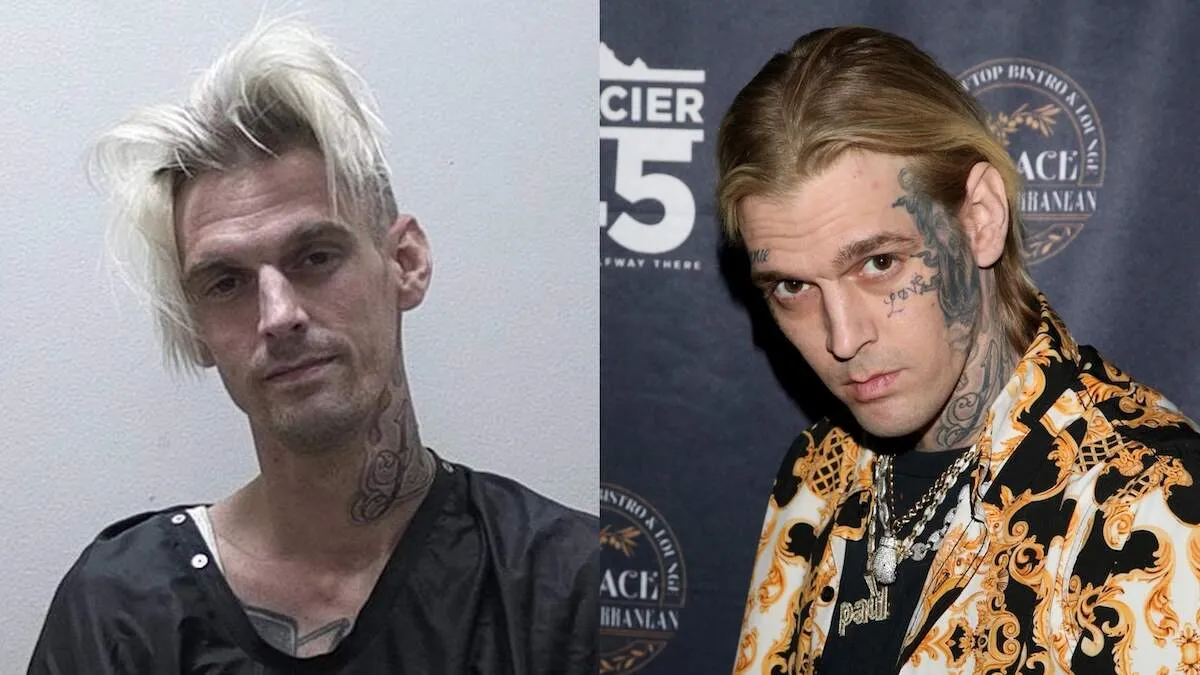 A photo of Aaron Carter's mugshot alongside a photo of him with facial tattoos, wearing a button-up shirt