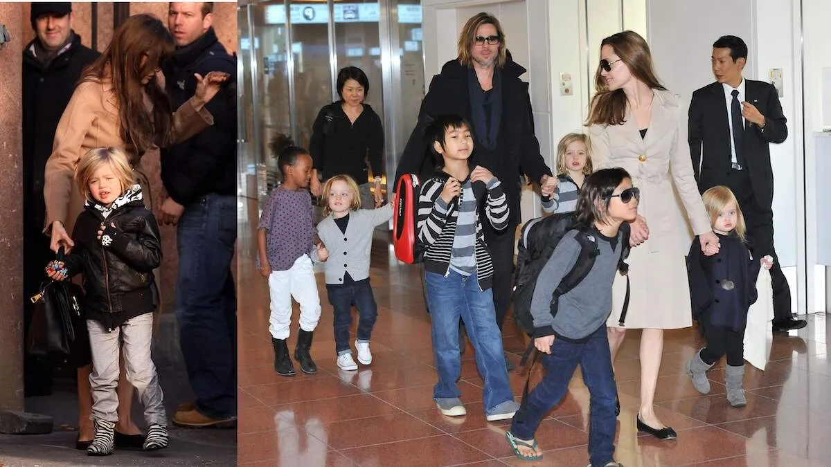 A photo of Angelina and Shiloh alongside a photo of the whole Pitt-Jolie family at the Tokyo airport