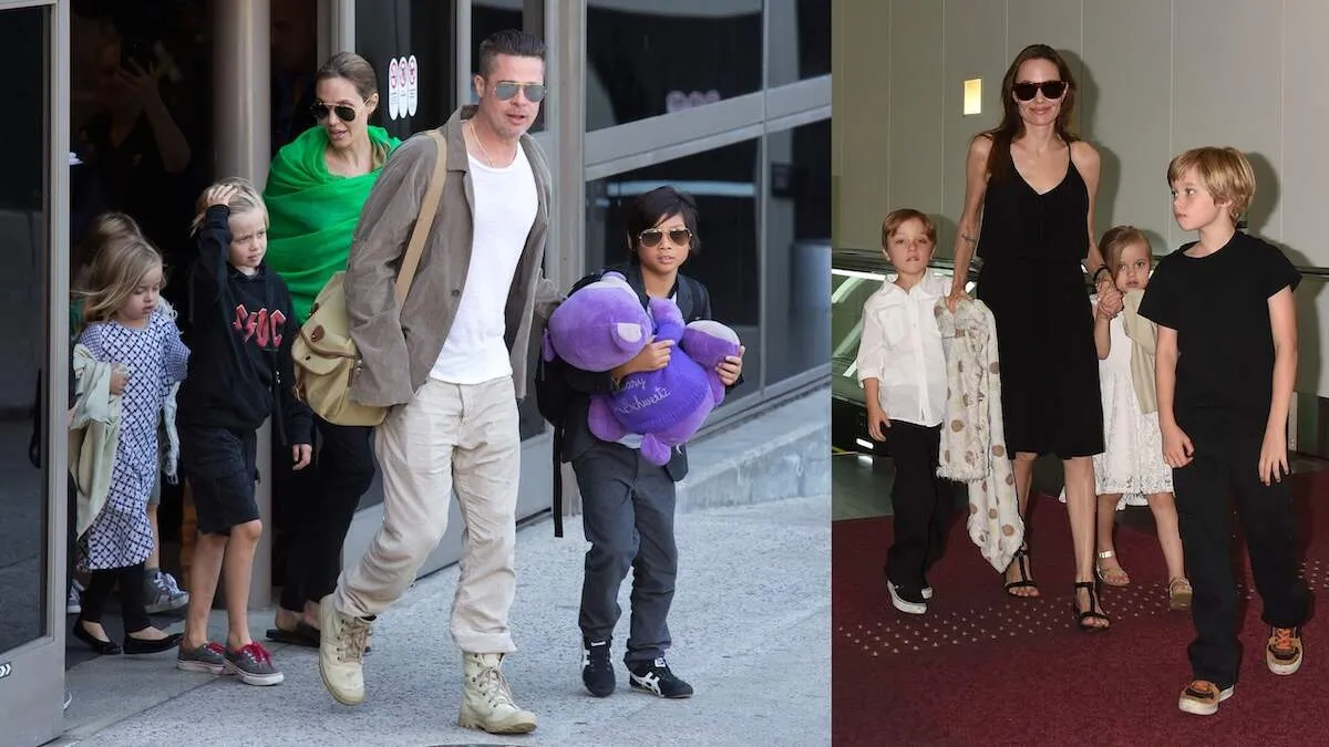 Two photos of Angelina Jolie at the airport with her children