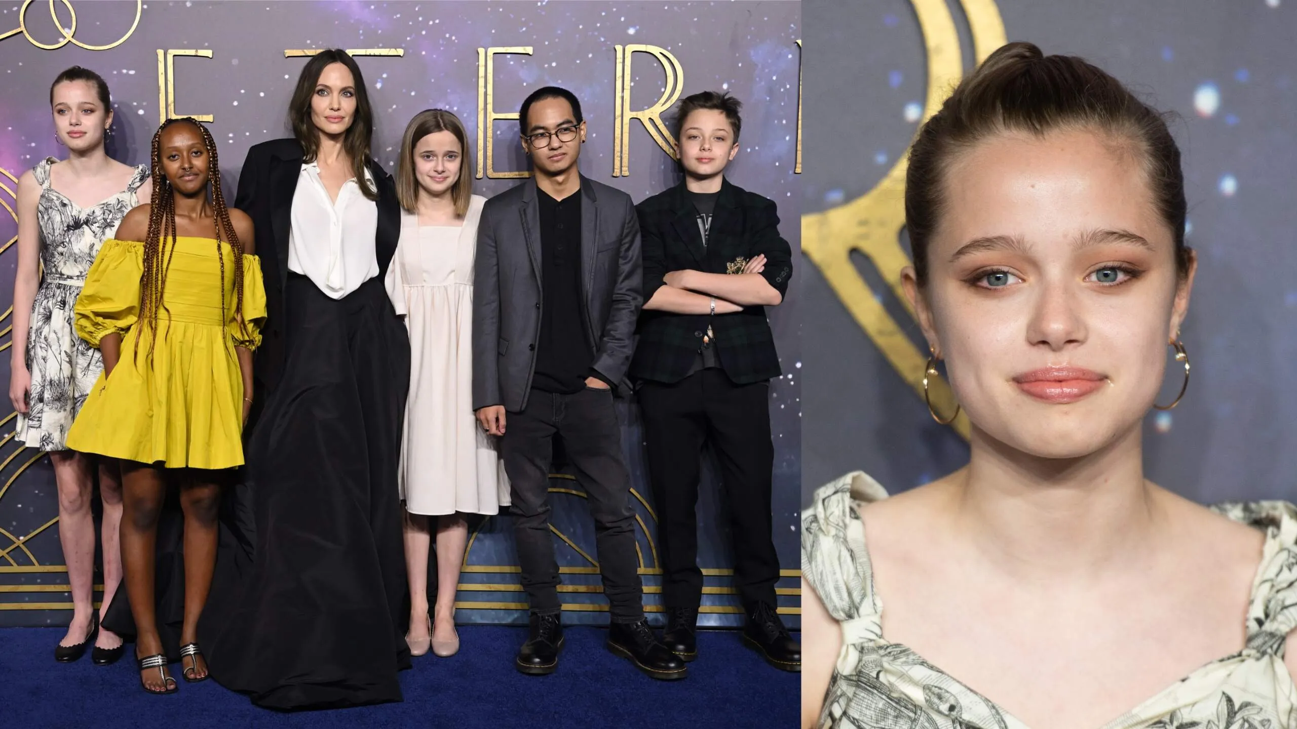 Actor Angelina Jolie and her kids attend the Eternals premiere alongside a photo of Shiloh