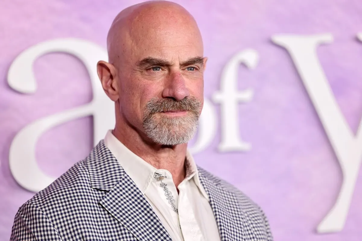 Christopher Meloni posing in a grey and white suit at "The Idea Of You" New York premiere.