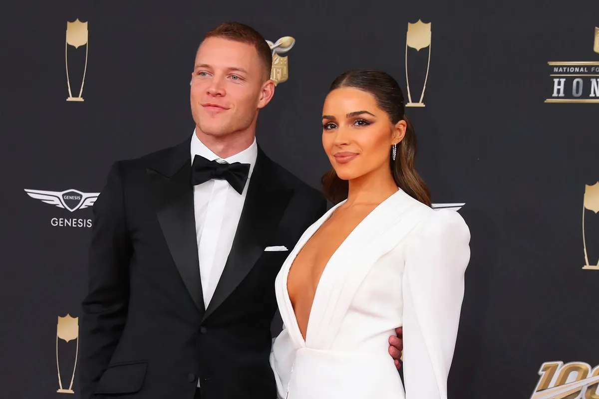 Christian McCaffrey and Olivia Culpo pose on the Red Carpet poses prior to the NFL Honors on February 1, 2020 at the Adrienne Arsht Center in Miami, FL.