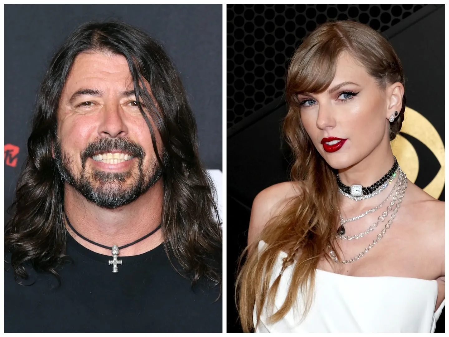 Dave Grohl wears a black shirt with a necklace. Taylor Swift wears a white strapless dress and multiple necklaces.