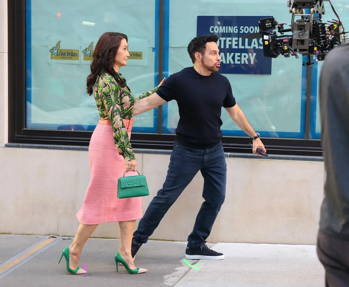 Kristin Davis and Mario Cantone are seen on the set of 'And Just Like That' in Uptown, Manhattan on June 04, 2024 in New York City