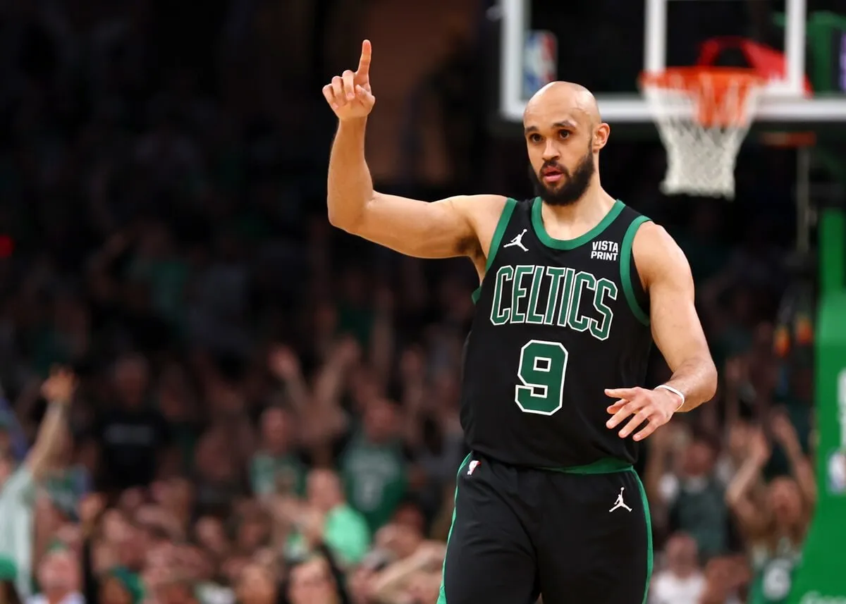 Derrick White of the Boston Celtics reacts during the third quarter of a playoff game against the Indiana Pacers