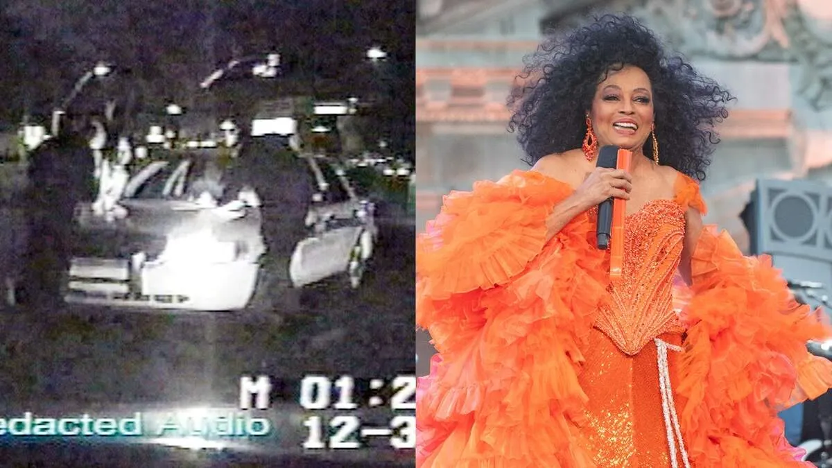 A screenshot of Diana Ross inside her car being arrested by police alongside a photo of Diana Ross performing in an orange dress in 2024