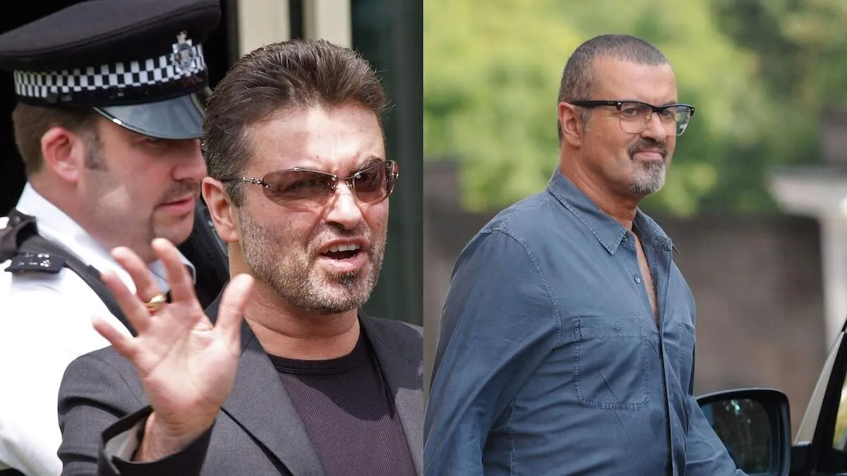 A photo of George Michael leaving the police department alongside a photo of George Michael wearing a blue button-up in 2013