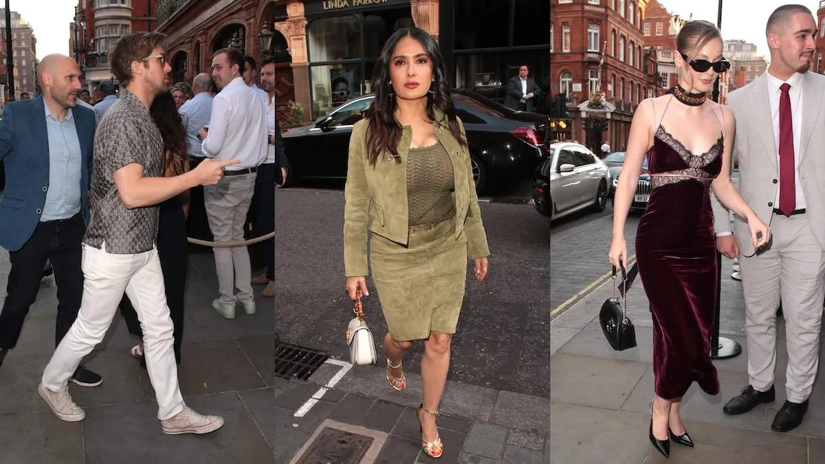 In side by side photos, Ryan Gosling, Salma Hayek, and Hannah Dodd arrive at a private dinner hosted by Gucci