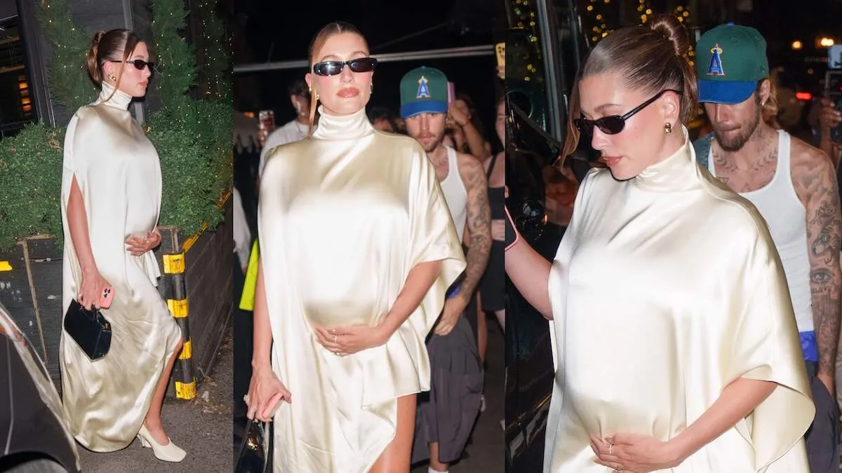 Married couple Justin Bieber and Hailey Bieber, wearing a cream satin dress, walk toward their car after dining out in NYC