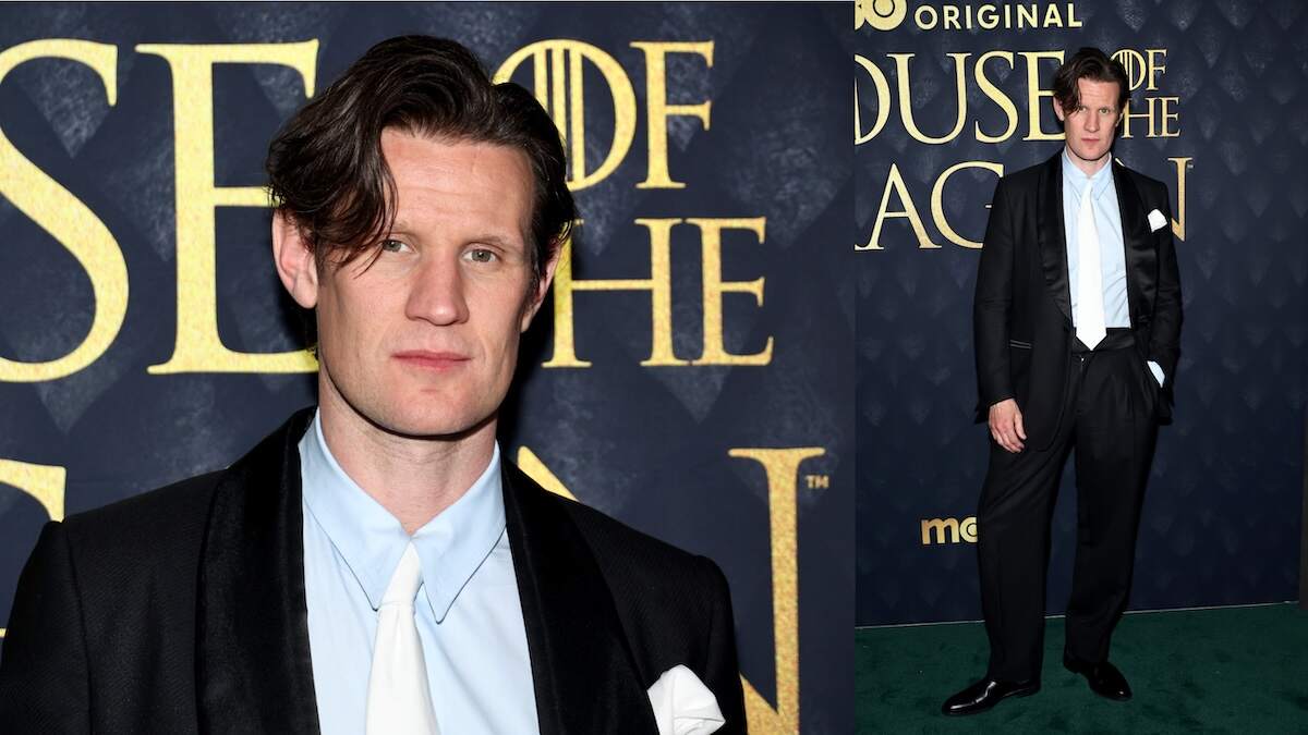 Actor Matt Smith wears a black suit and white tie on the red carpet for House of the Dragon