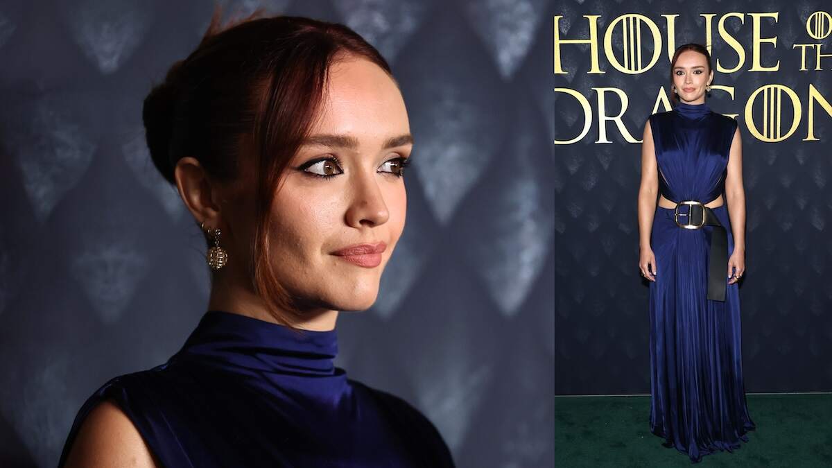 Olivia Cooke wears a dark blue silk gown on the red carpet