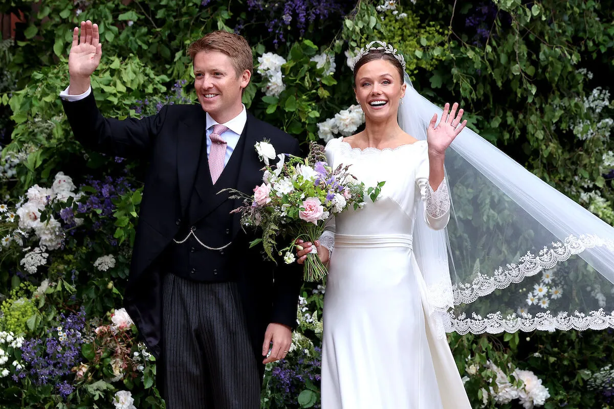 Hugh Grosvenor and Olivia Henson at their June 2024 wedding, which Prince William attended and Prince Harry didn't, wave