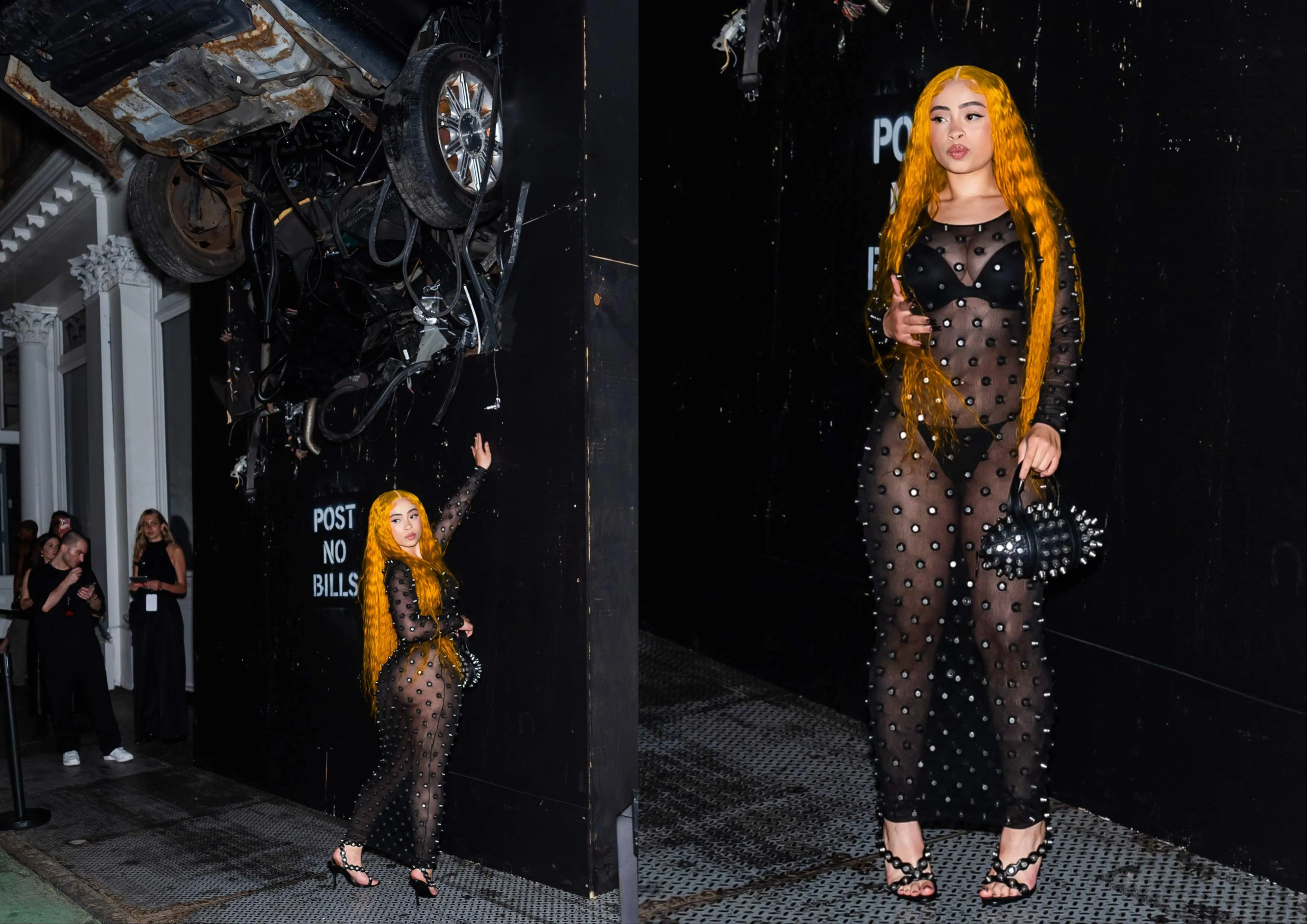 Wearing a sheer black dress, Ice Spice stands against a black wall at the Alexander Wang Runway Show