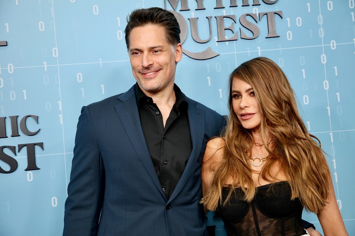 Joe Manganiello posing next to Sofia Vergara the premiere for Apple's "Mythic Quest".