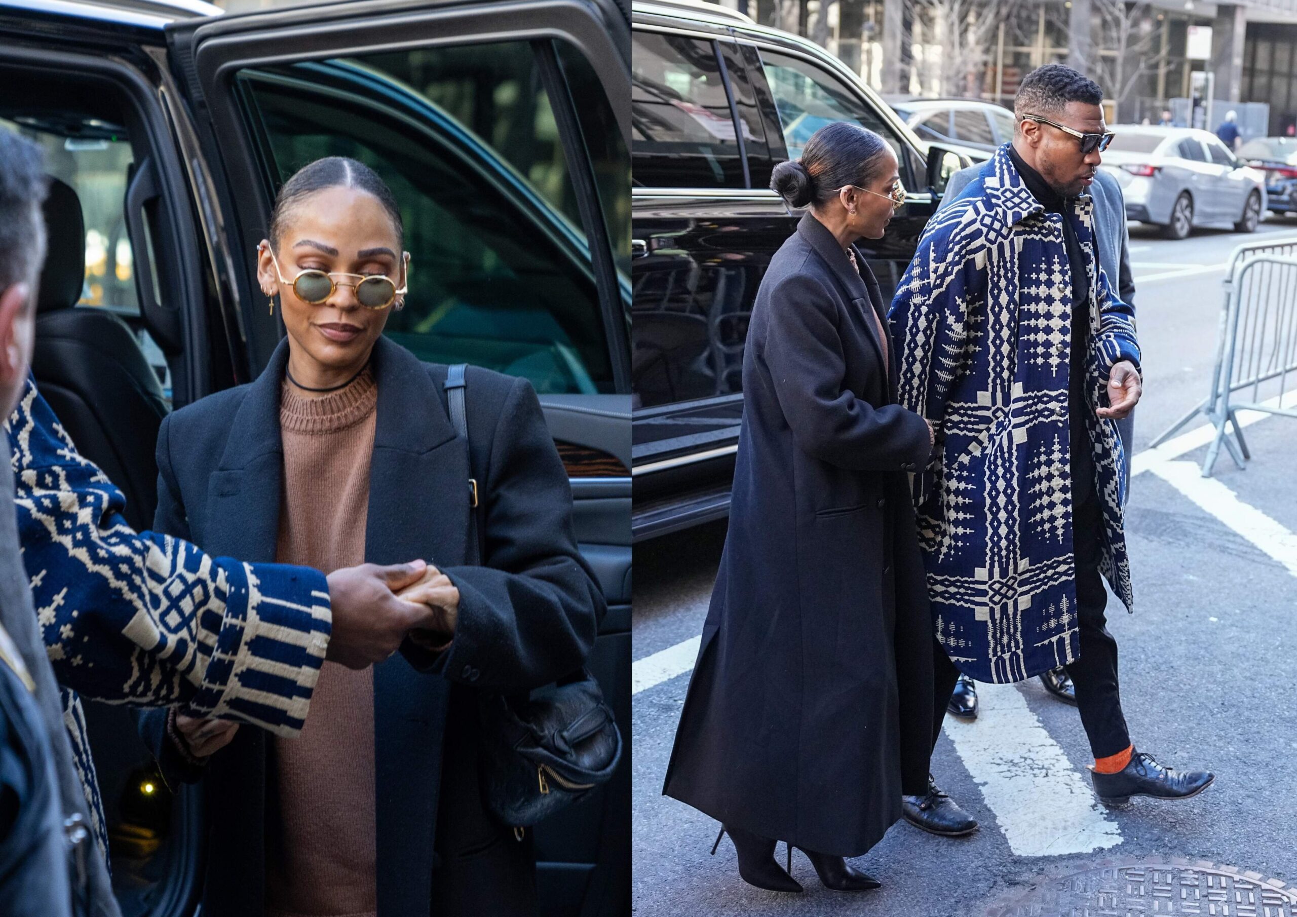 Wearing a bright jacket, Jonathan Majors arrives with girlfriend Meagan Good for sentencing in his domestic abuse case