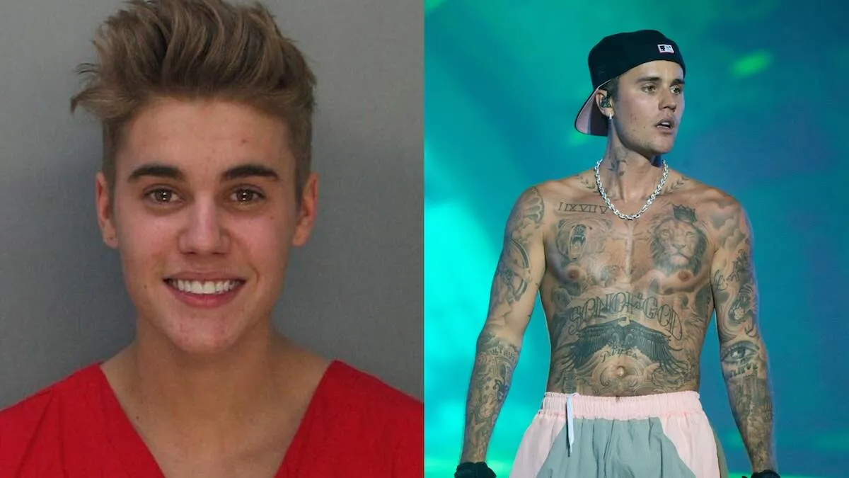 A photo of Justin Bieber's mugshot alongside a photo of him performing in Budapest