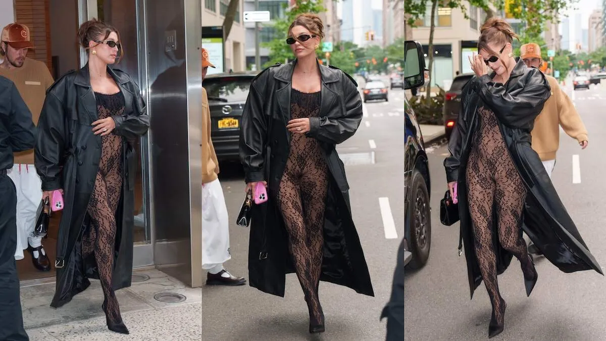 Hailey Bieber, wearing a black lace catsuit, walks toward her van in NYC