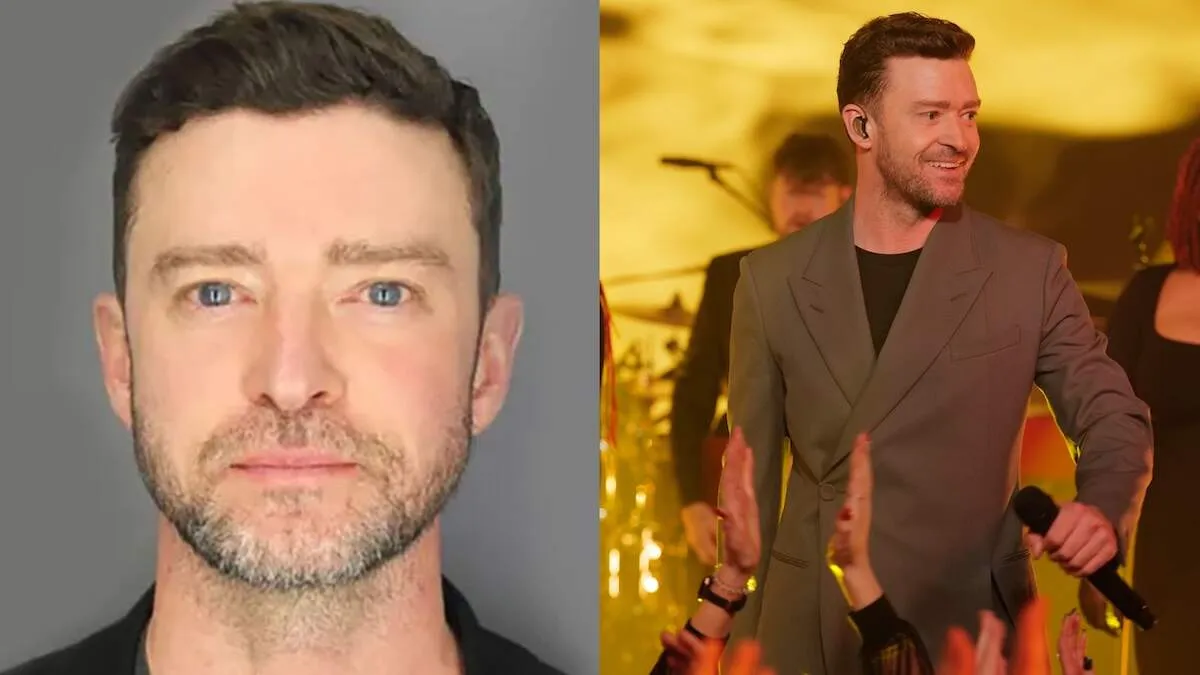 A photo of Justin Timberlake's mugshot alongside a photo of him performing in a brown suit