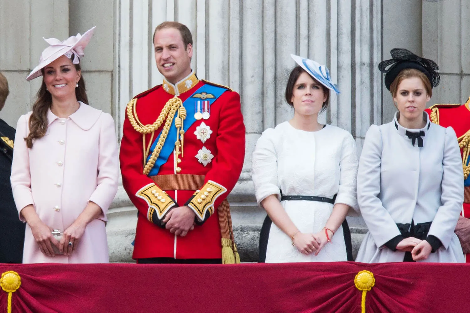 Kate Middleton, Prince William, Princess Eugenie, and Princess Beatrice stand on the balcony during the annual Trooping the Colour Ceremony at Buckingham Palace on June 15, 2013