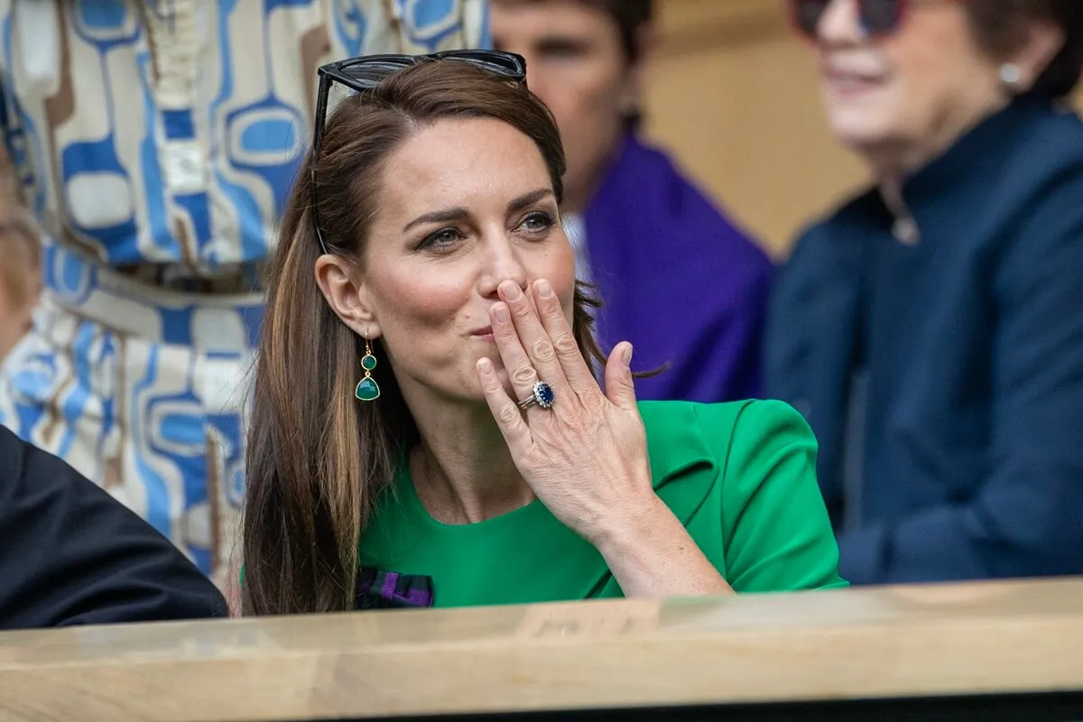 Kate Middleton blowing kisses during the Gentlemen's Singles Final match at the Wimbledon Lawn Tennis Championships