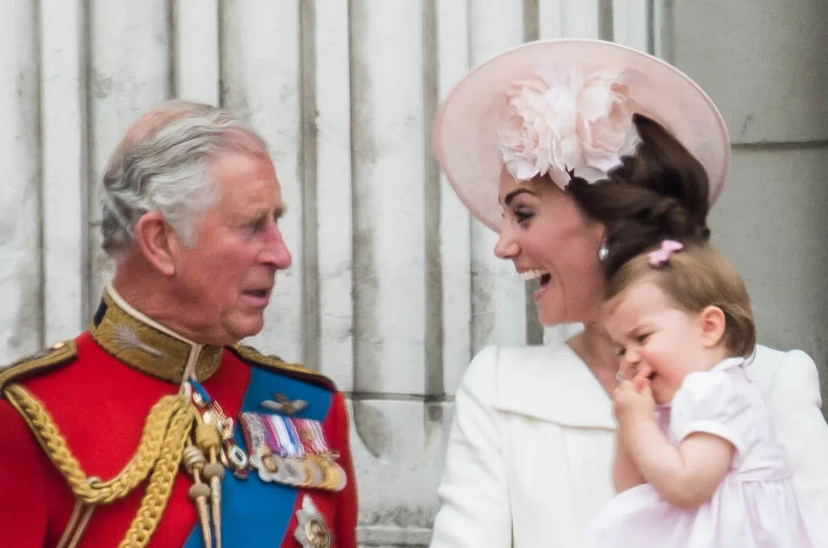 Kate Middleton, who may or may not go to the 2024 Trooping the Colour, at the 2016 celebration with King Charles and Princess Charlotte at the 2016 celebration