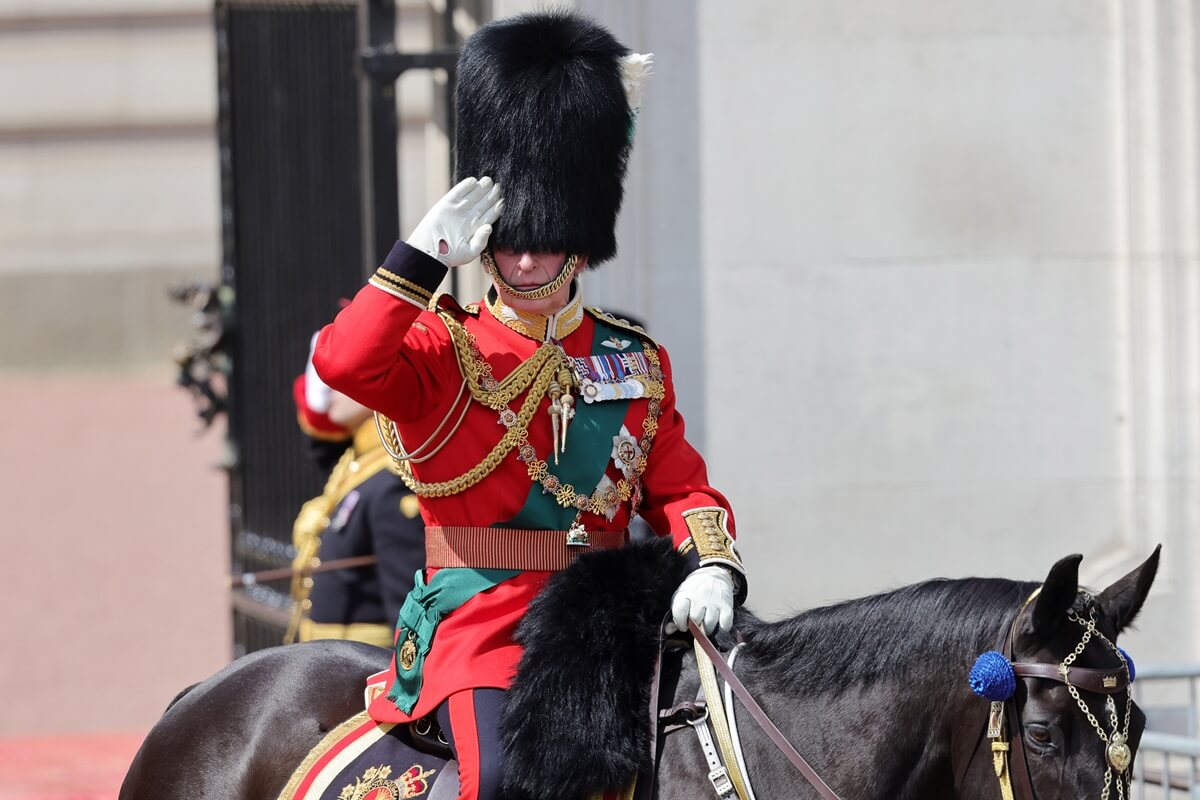 King Charles III rides horseback during the Trooping the Colour parade at Buckingham Palace