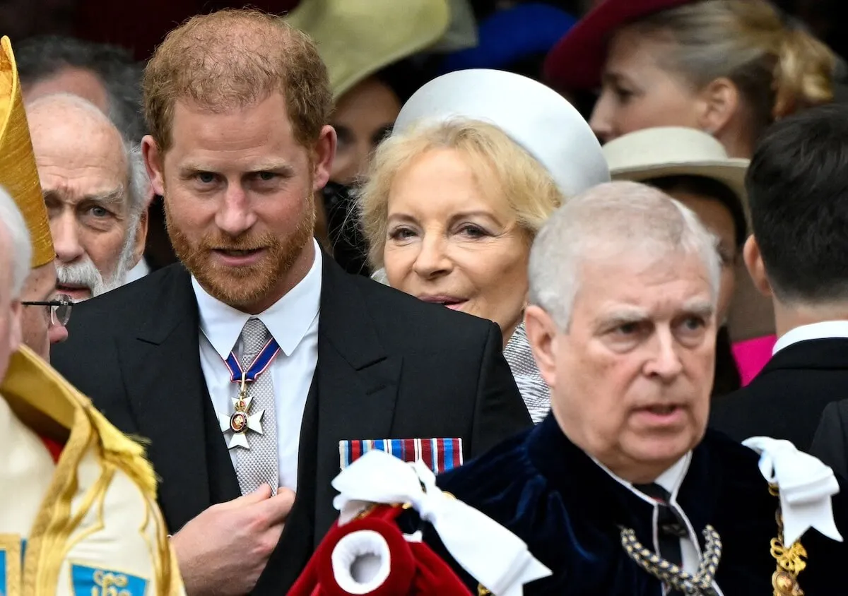Prince Harry walks behind Prince Andrew