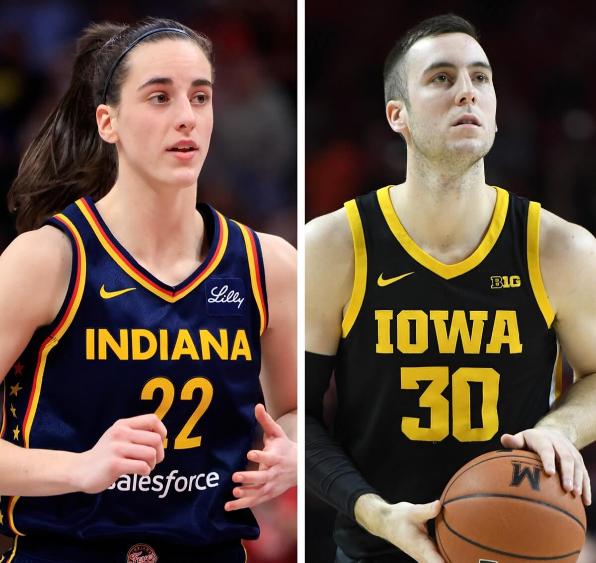 (L): Caitlyn Clark in the court in a game against the Los Angeles Sparks, (R): Connor McCaffery taking a foul shot at the line