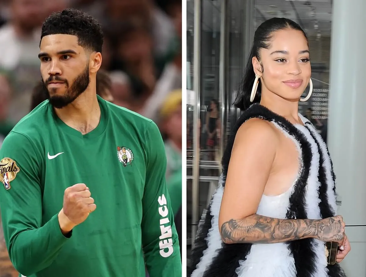 (L) Jayson Tatum celebrates from bench during NBA Finals, (R) Ella Mai attends a fashion show in New York