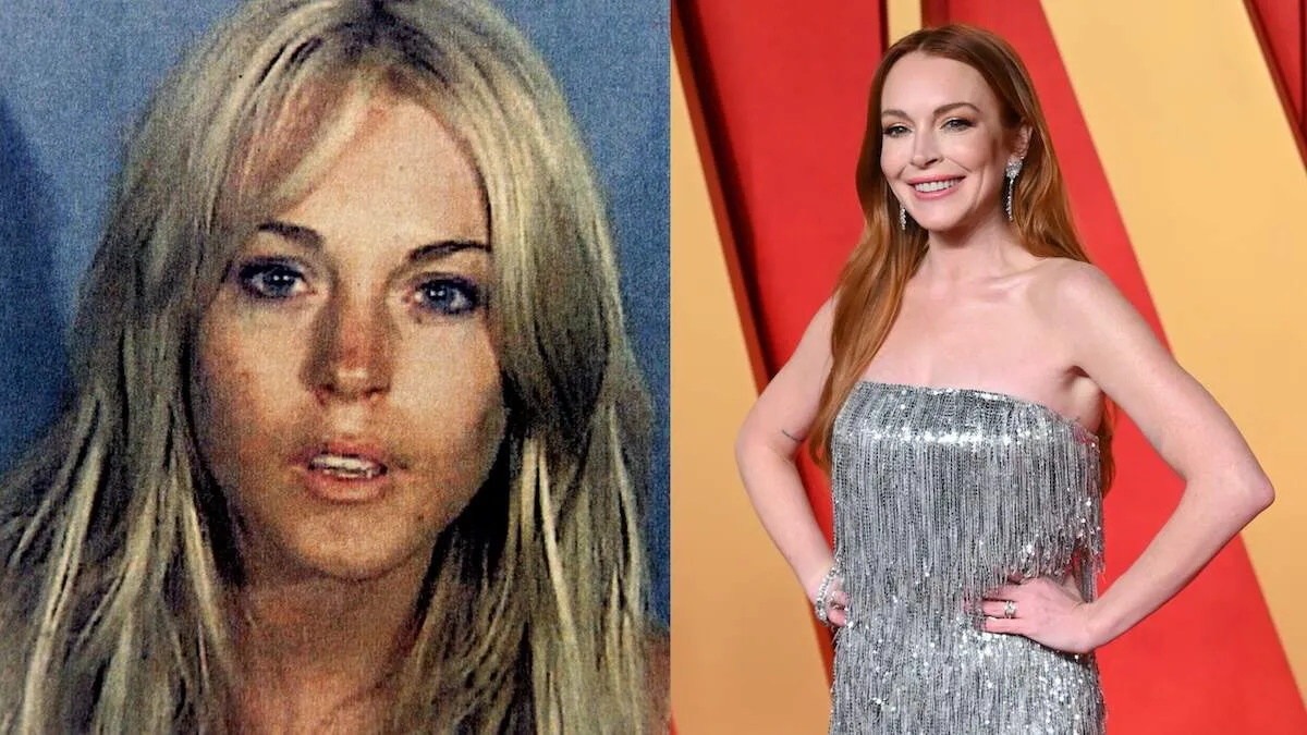 A photo of singer/actor Lindsay Lohan's mugshot alongside a photo of Lohan wearing a silver dress in 2024 at the Vanity Fair Oscar Party