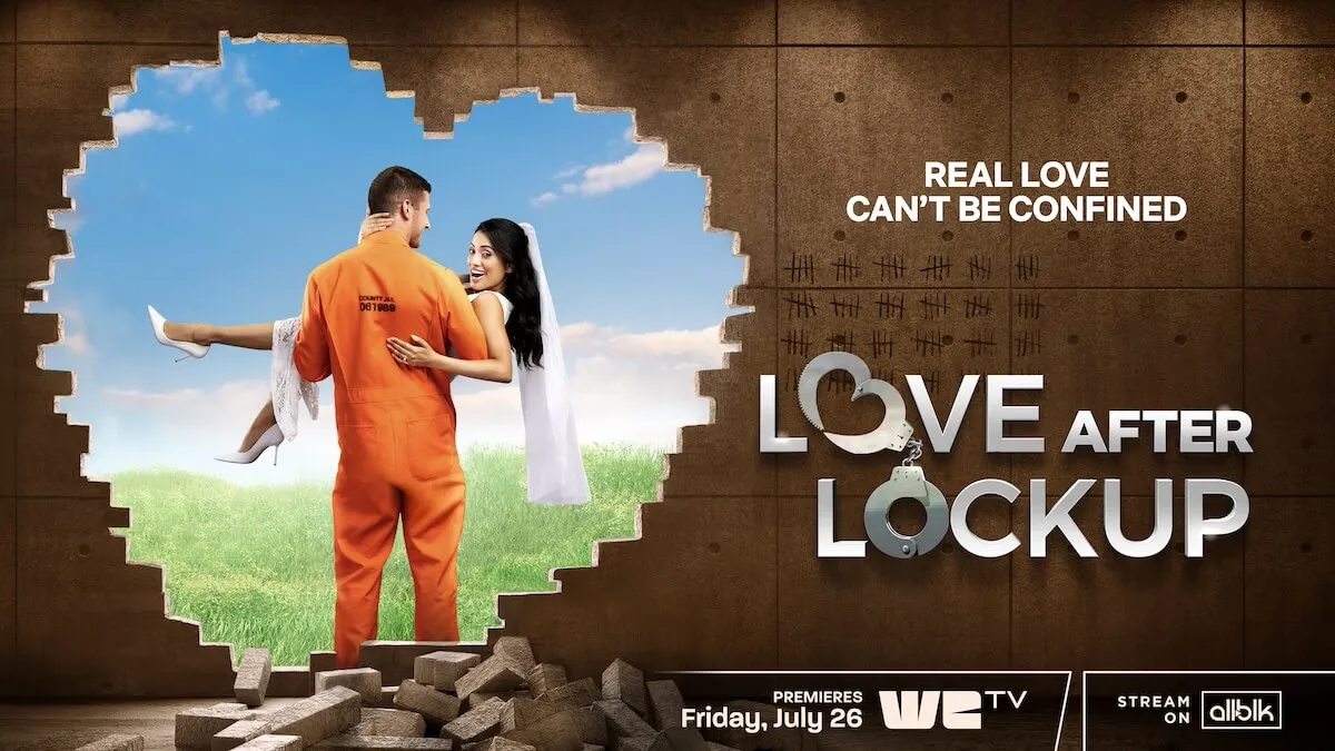 Man in orange jumpsuit carrying a woman in 'Love After Lockup' key art