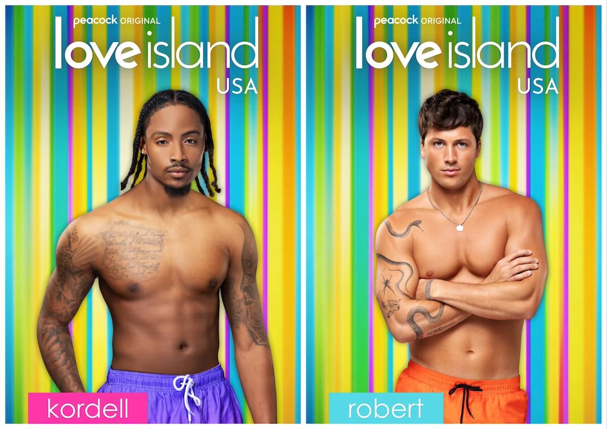 Portraits of 'Love Island USA' Season 6 cast members Kordell and Robert in swim trunks