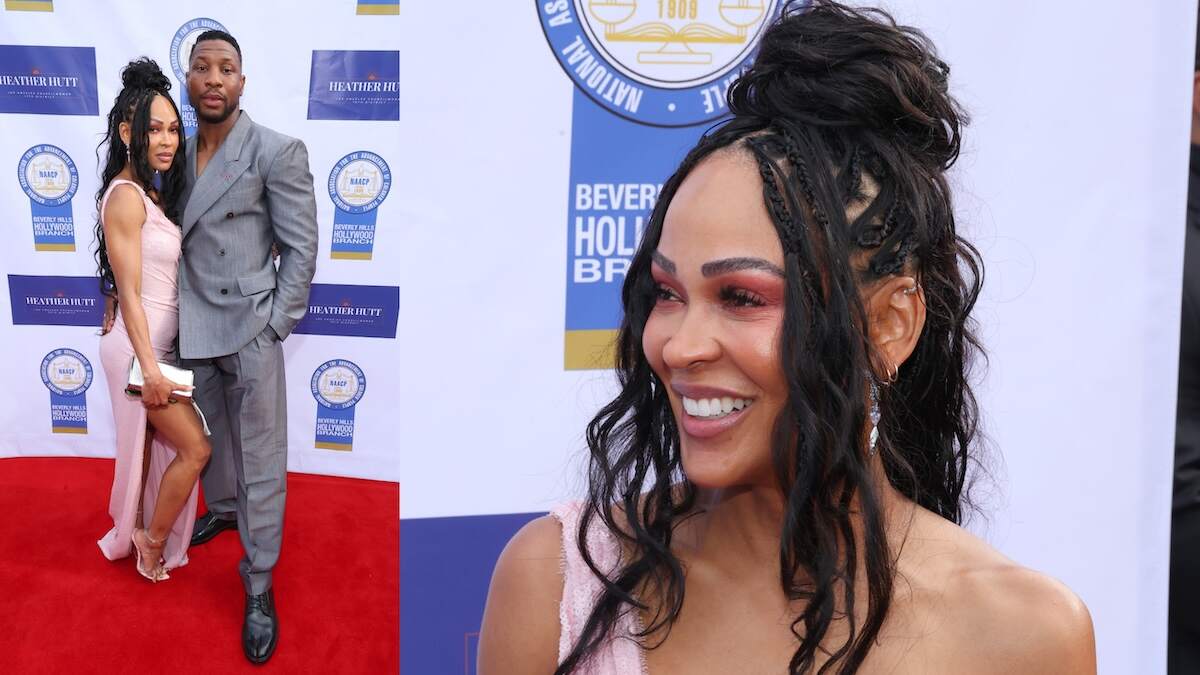 A full body photo of couple Jonathan Majors and Meagan Good on the red carpet together alongside a close-up photo of Good