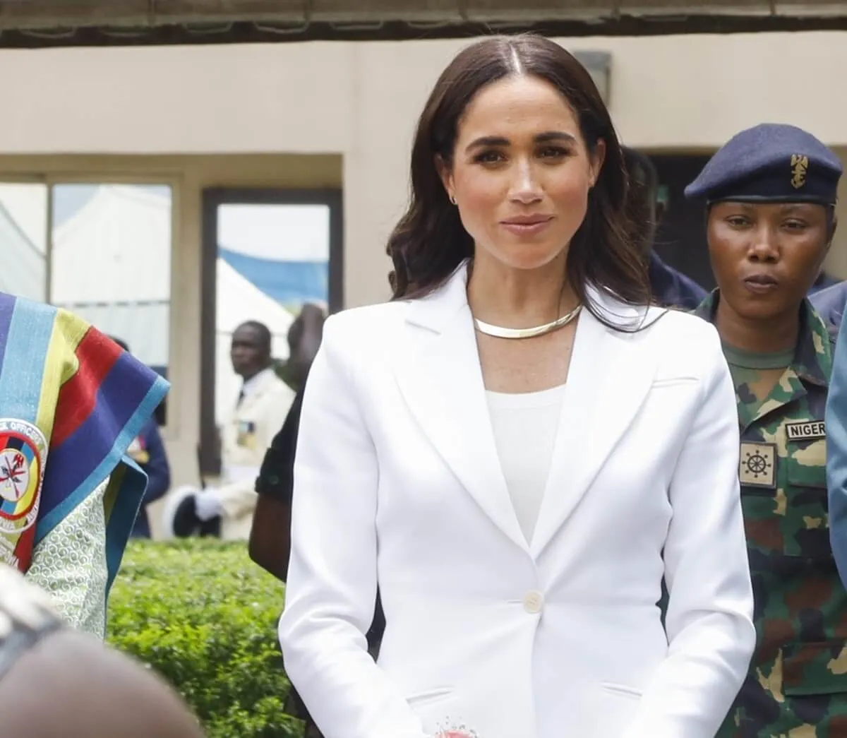 Meghan Markle at the Defence Headquarters in Abuja, Nigeria